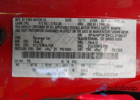 2012 Ford Focus Se from USA, damaged, VIN 1FAHP3F29CL318037